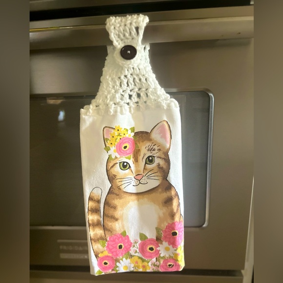 HAND CRAFTED Colorful Floral Cat Crocheted Top Hanging Kitchen Hand Towel - Picture 7 of 7